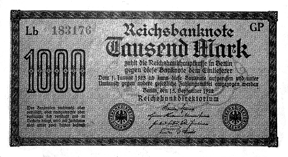 Schwarz-Weiß-Bild einer Reichsbanknote im Wert von 1000 Mark