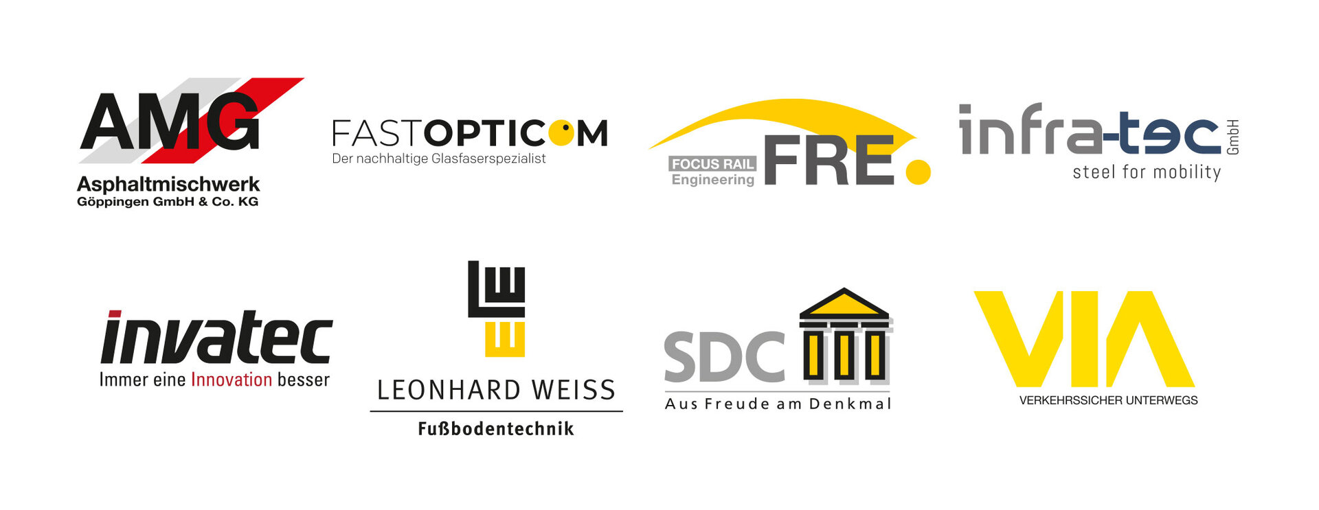 Übersichtsgrafik mit den Logos der Tochterunternehmen von LEONHARD WEISS: AMG Asphaltmischwerk Göppingen, FAST OPTICOM, FOCUS RAIL Engineering, infra-tec, invatec, LEONHARD WEISS Fußbodentechnik, SDC und VIA