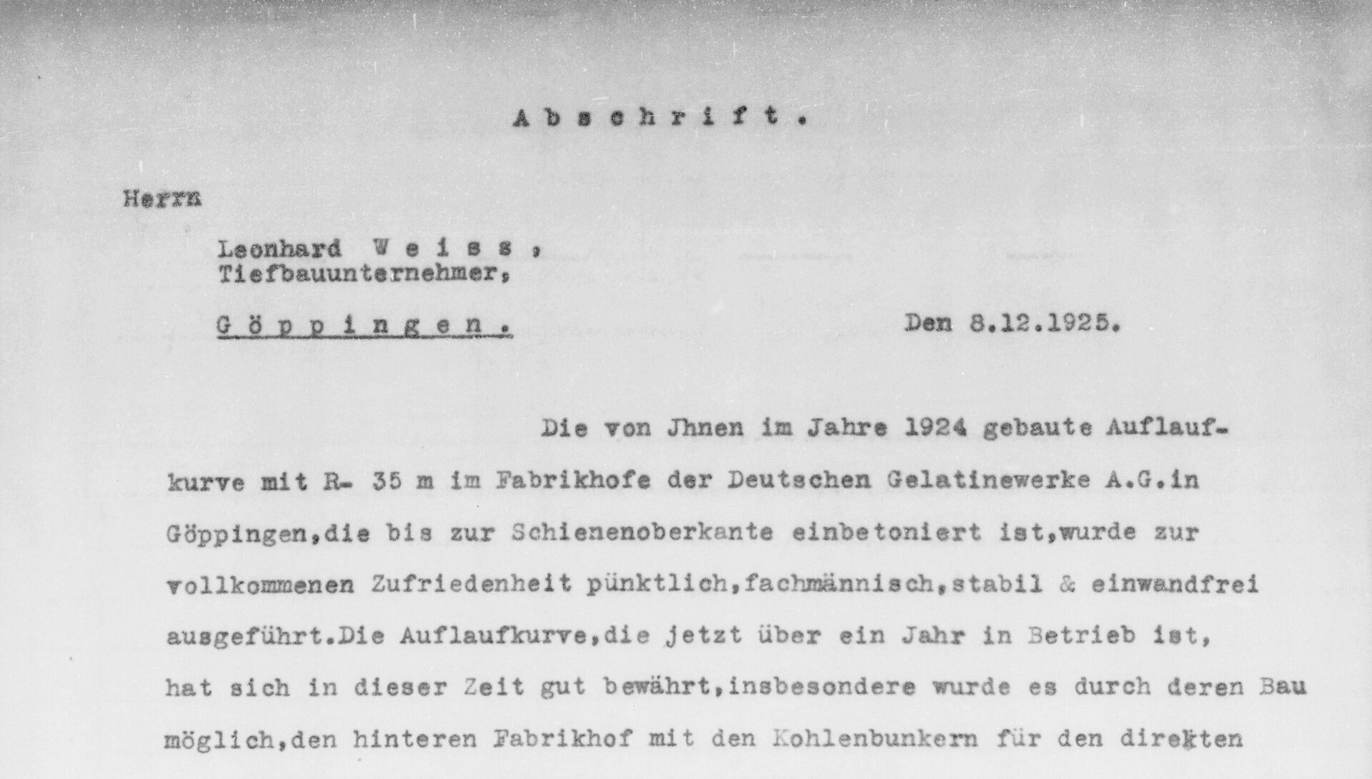 Schwarz-Weiß-Dokument aus dem Jahr 1925, das die Erfindung und erfolgreiche Umsetzung einer Gleiskurve durch LEONHARD WEISS beschreibt