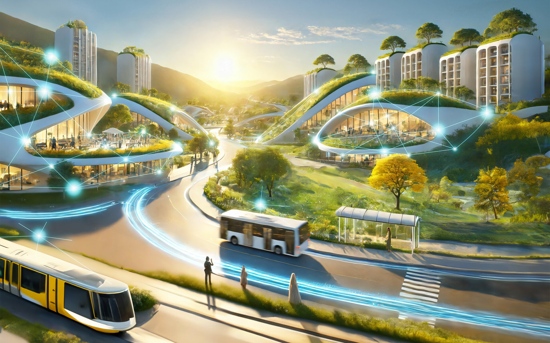 Szene einer futuristischen Stadtlandschaft zeigt eine belebte Straße mit modernen Verkehrsmitteln und einer malerischen Kulisse aus Hügeln und Bäumen.