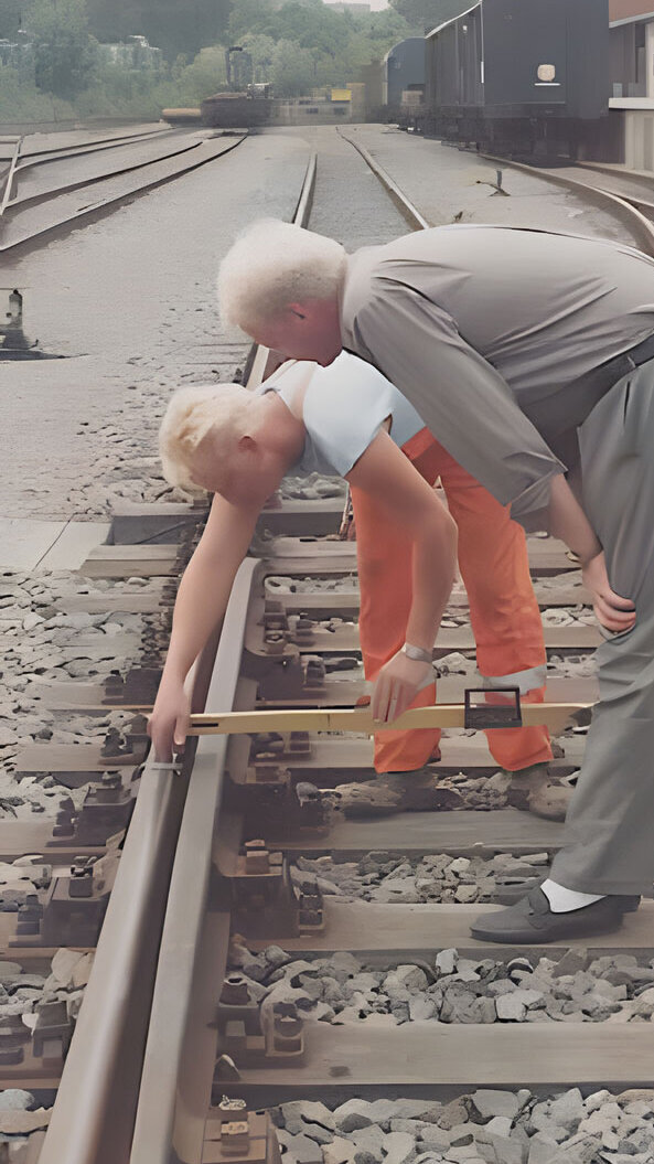 Farbaufnahme von zwei Personen auf einem Gleisbaugelände, die mit einer Wasserwaage die Schienen überprüfen