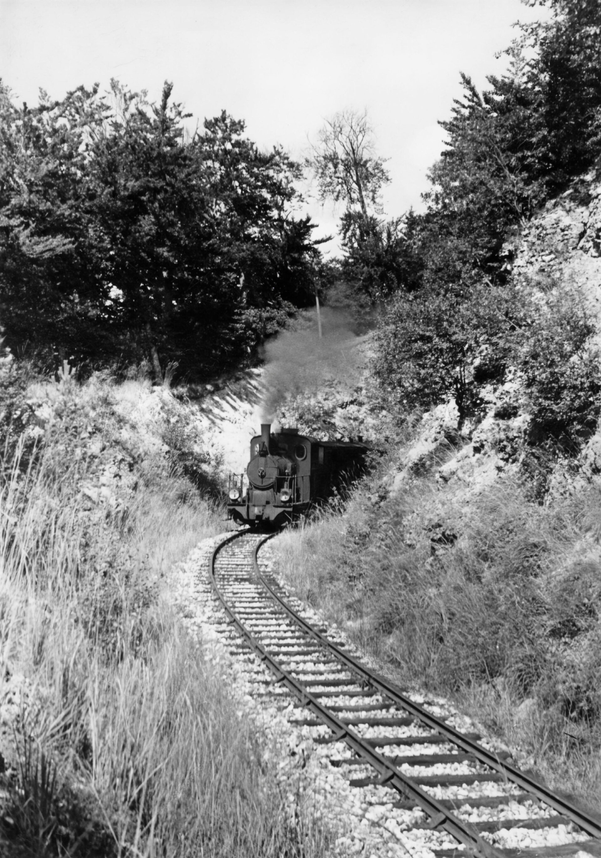 Schwarz-Weiß-Foto einer Dampflokomotive auf der Strecke der Härtsfeldbahn