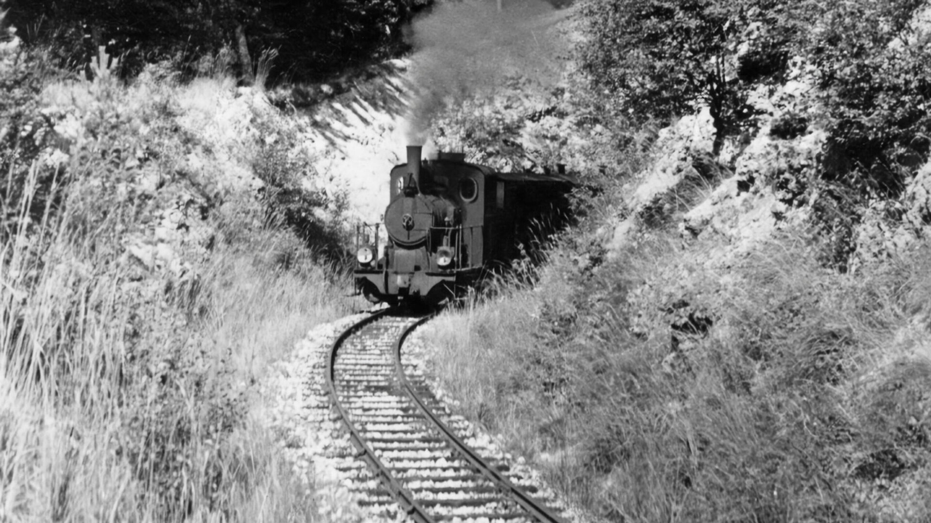 Schwarz-Weiß-Foto einer Dampflokomotive auf der Strecke der Härtsfeldbahn