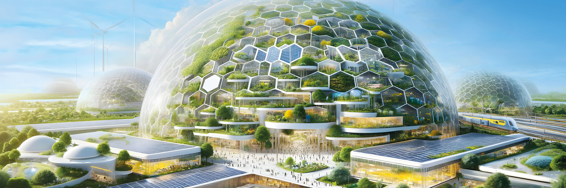 Eine futuristische Stadtlandschaft mit gewaltigen, bienenwabenförmigen Kuppeln, umgeben von üppigem Grün und modernen Gebäuden.